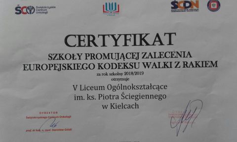 Certyfikat Szkoły Promującej Zalecenia Europejskiego Kodeksu Walki z Rakiem