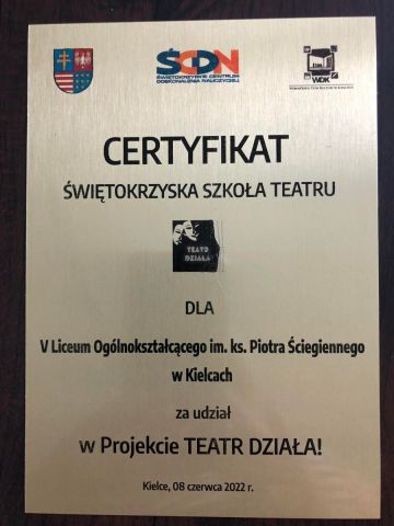 Certyfikat Świętokrzyskiej Szkoły Teatru